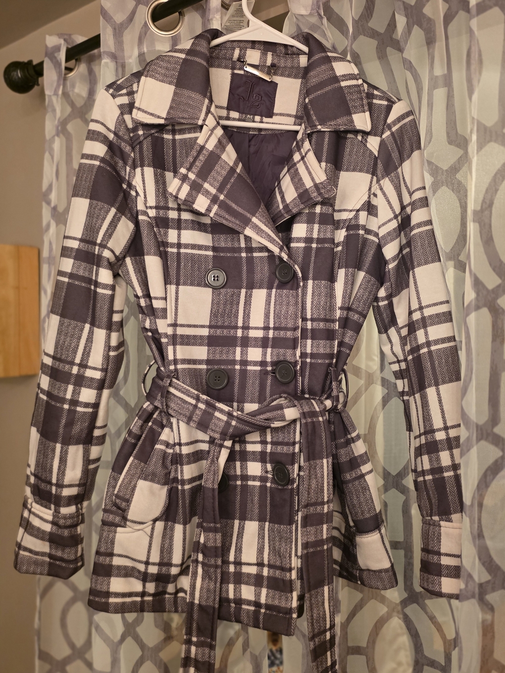 Plaid Double-Breasted Trench Coat - Black & White Size M